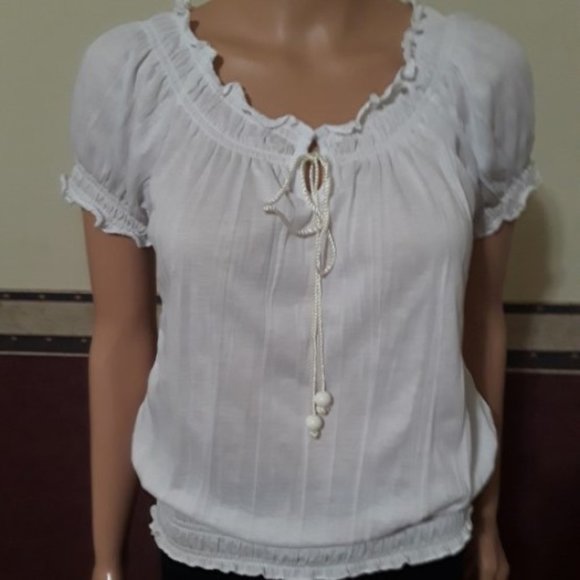 Bongo White Crinkle Peasant Short Sleeve Rope Tie Neck Size SJ NWT - Picture 1 of 6